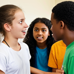 **A diverse group of teenagers actively engaged in a lively discussion during a youth camp session. Focus on capturing expressions of curiosity, interest, and connection, highlighting the mentor's genuine approach. Use a realistic, documentary-style.**